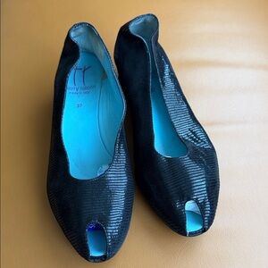 Thierry Rabotin Black Peep-Toe Heels with Turquoise Insole